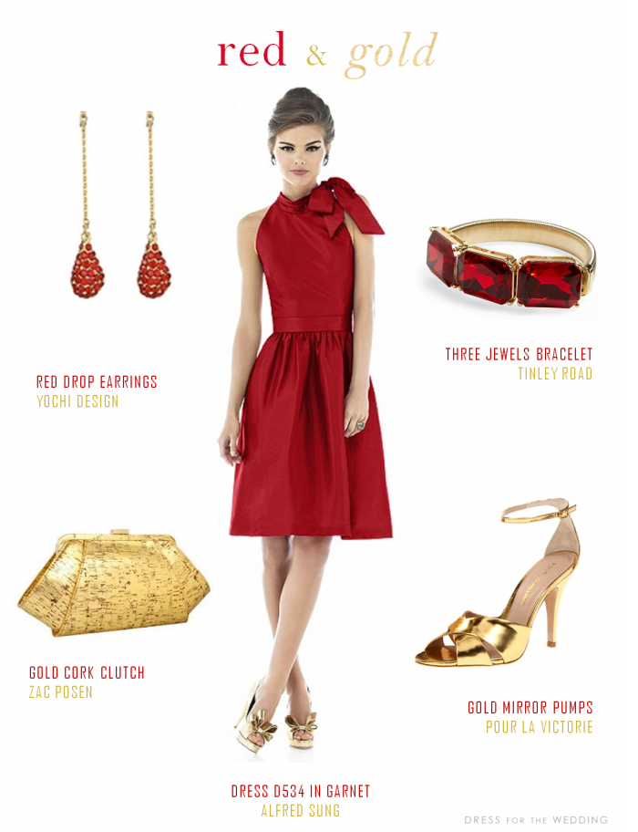 robe rouge et accessoires et chaussures or